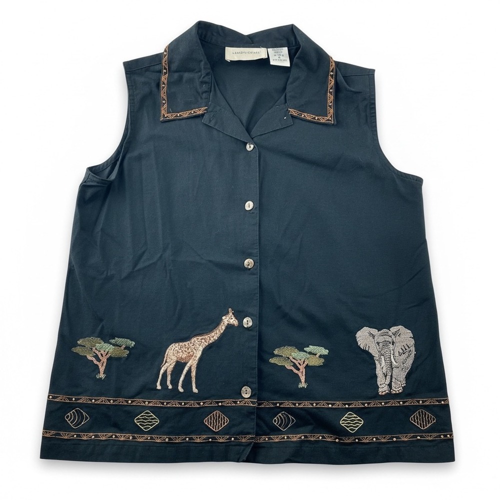Lemon Grass Safari Animal Embroidered Sleeveless Button Up Shirt Women's Small